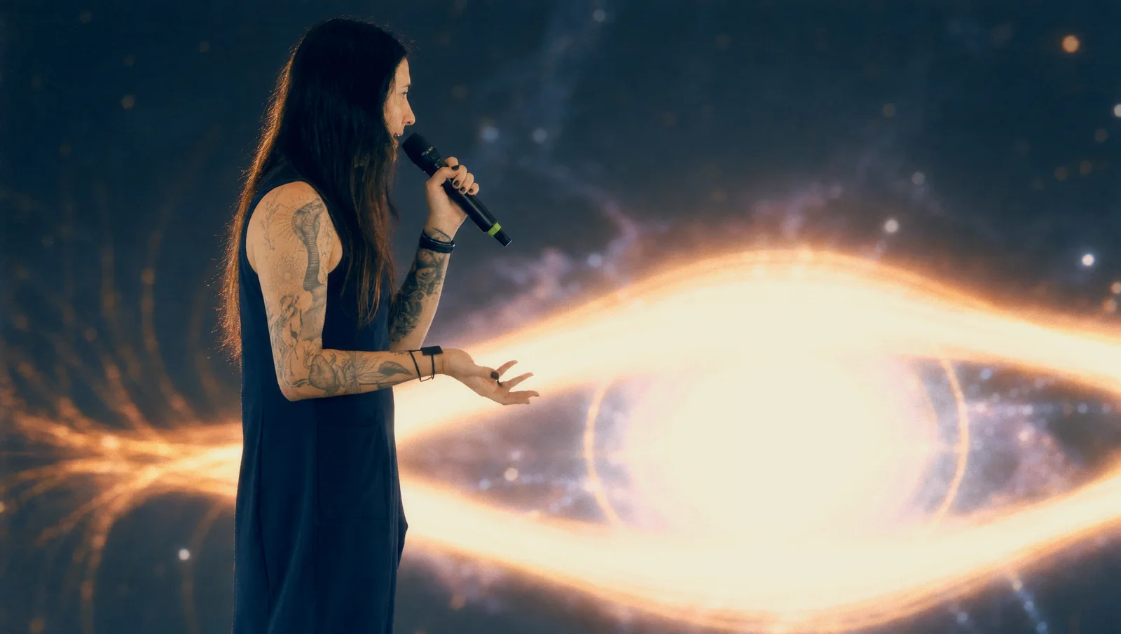 Alma falando ao microfone diante da projeção luminosa de Lume